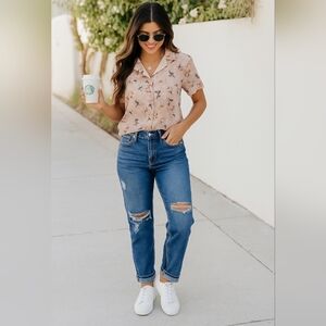 Dazy sheer pink floral button down top size Medium